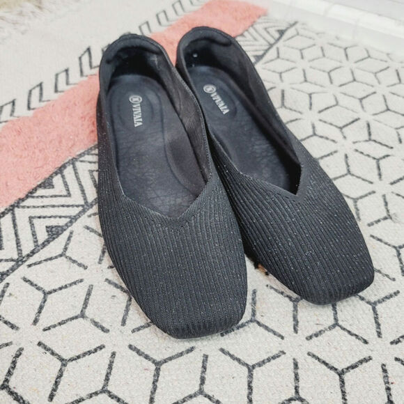 VIVAIA Square Toe V-Cut Flats Margot 2.0 in Ribbed Sparkle Black, sz 43 EU/11 US - Picture 1 of 16